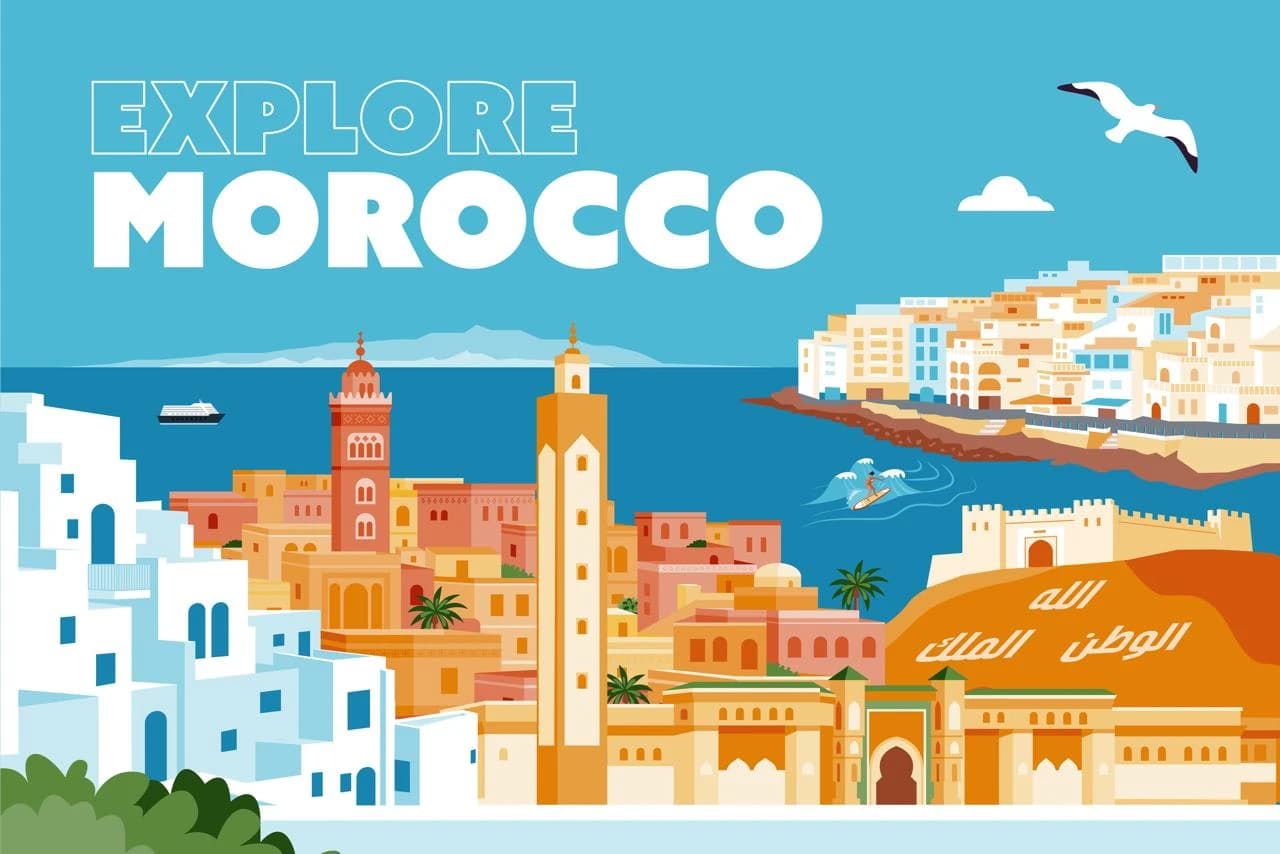 Illustration « Explore Morocco » : médinas, minarets, remparts et côte marocaine